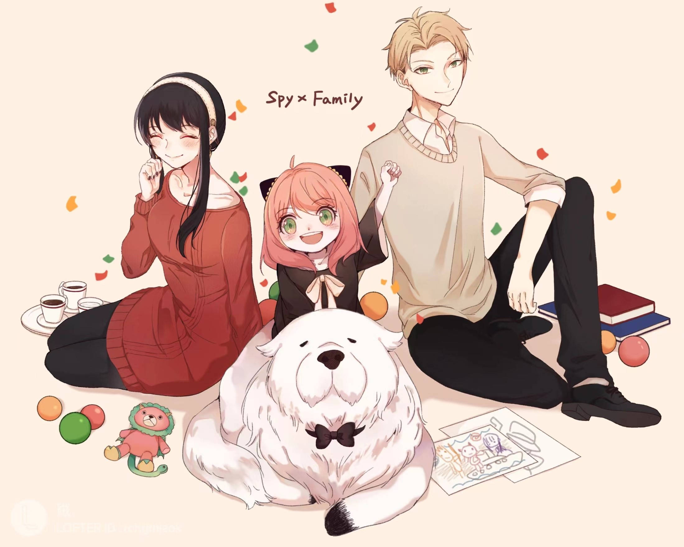 Spy X Family, anime characters, fluffy white dog, Full HD Desktop Wallpaper