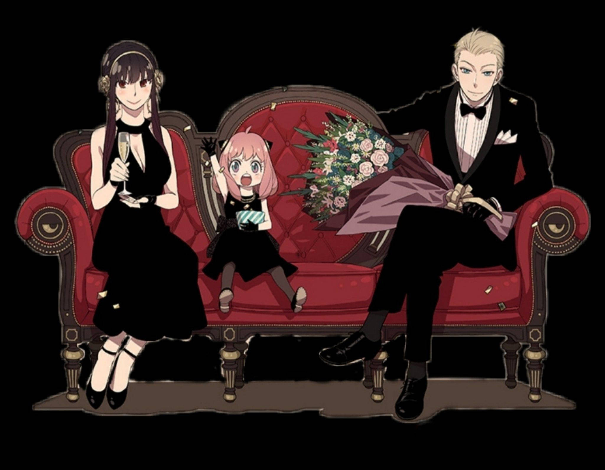 Spy X Family, black outfit, red velvet couch, Full HD Desktop Wallpaper