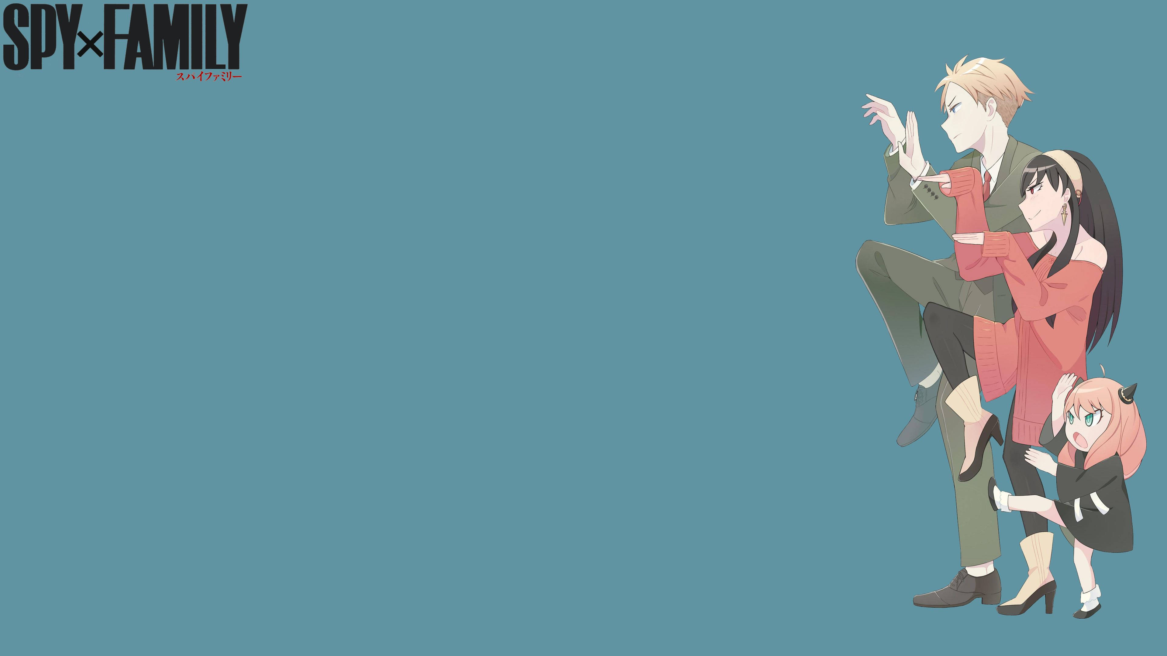 Spy X Family, teal background, three anime characters, 4K Desktop Wallpaper