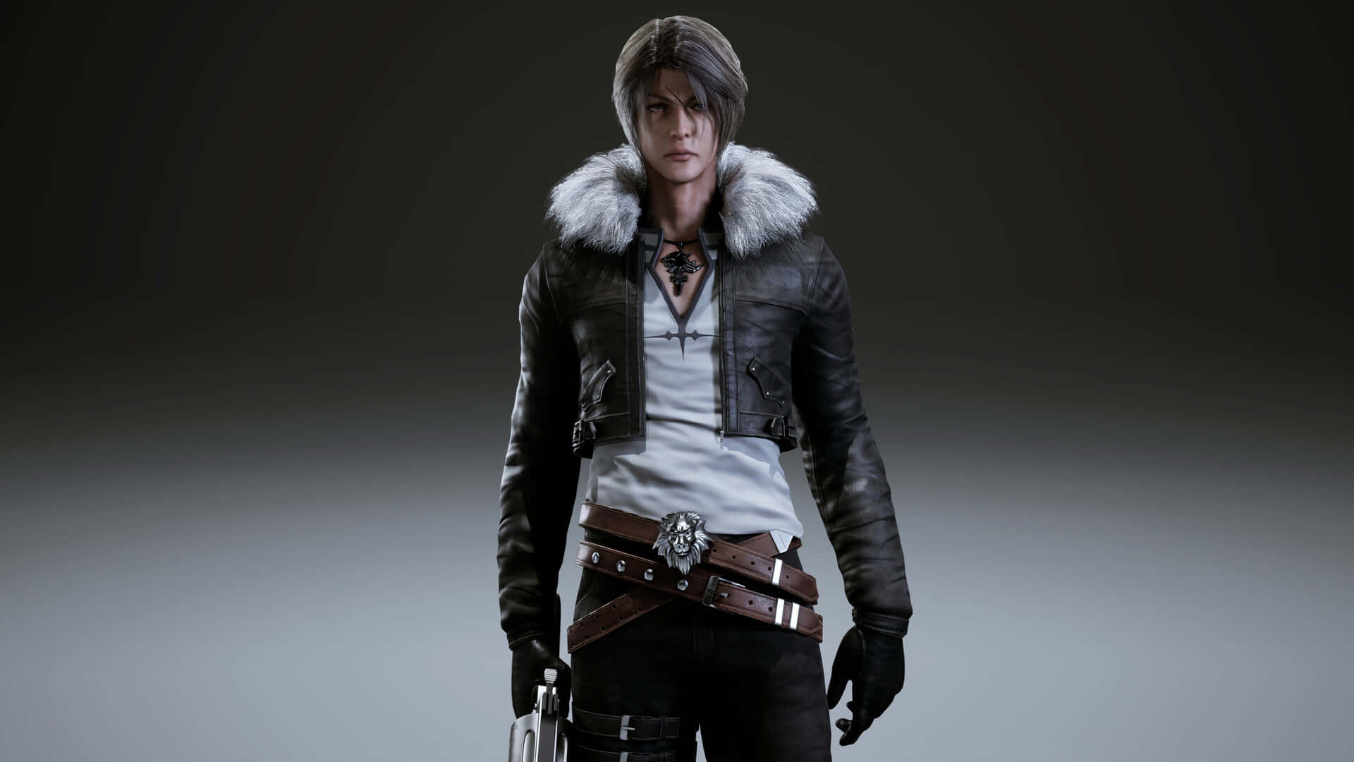 Squall Leonhart, fur-lined leather jacket, gradient gray backdrop, Full HD Desktop Wallpaper