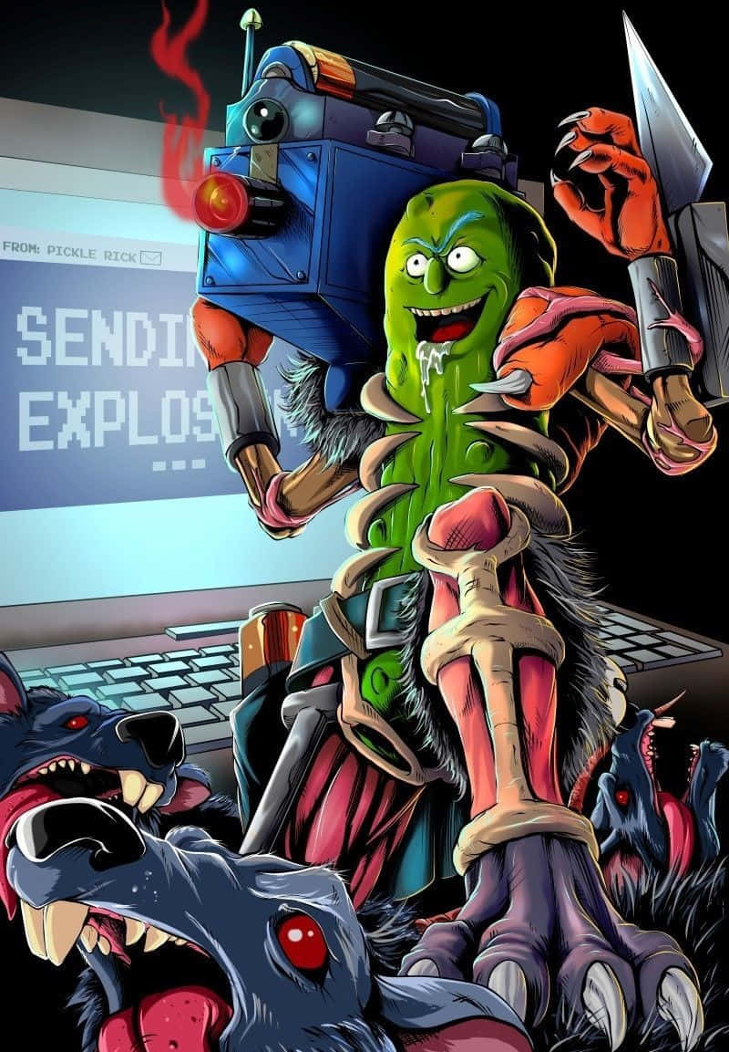 Squanchy, green pickle monster, robot backpack, SD Phone Wallpaper