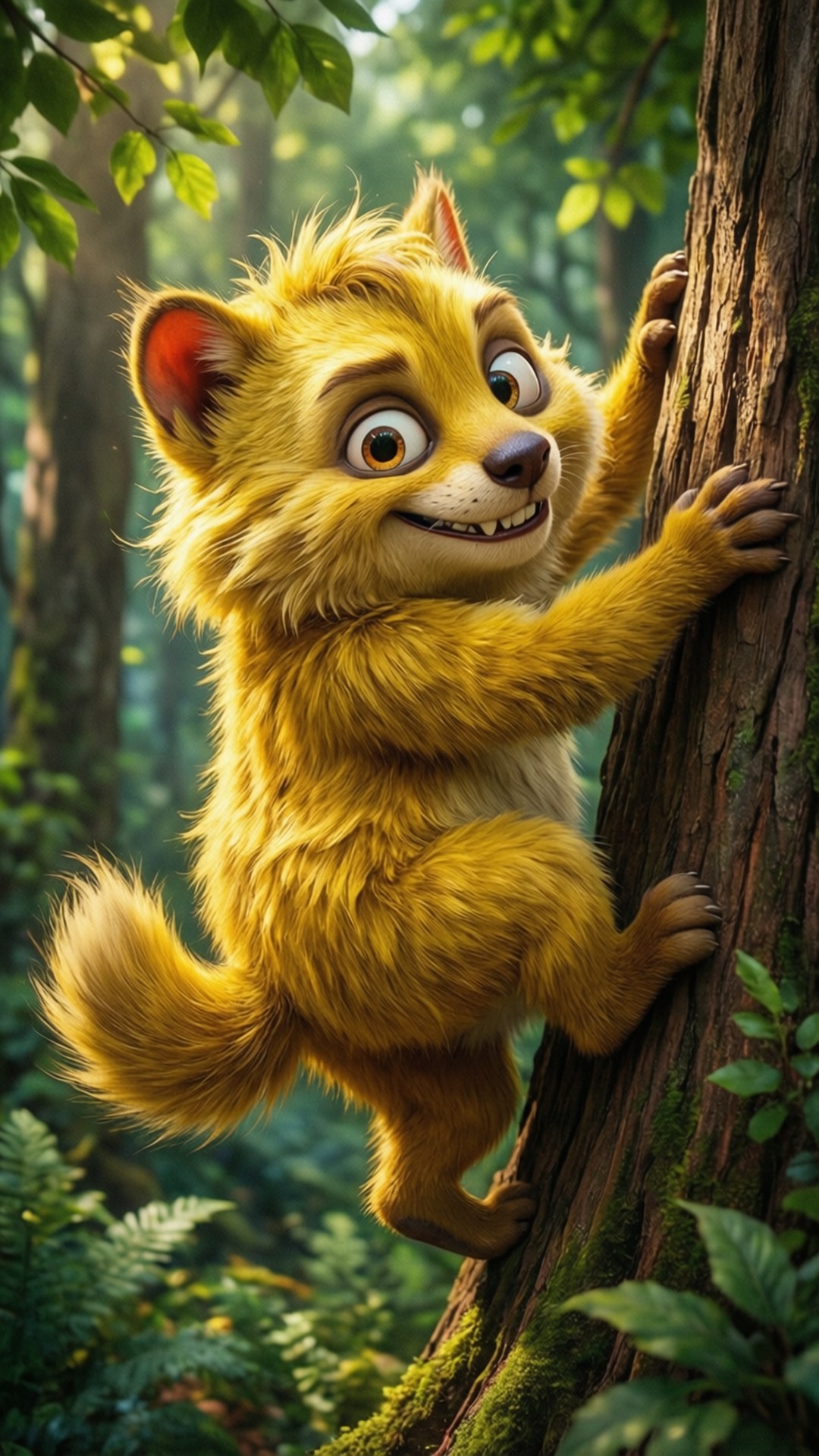 Squanchy, yellow cartoon fox, mossy tree trunk, Full HD Phone Wallpaper