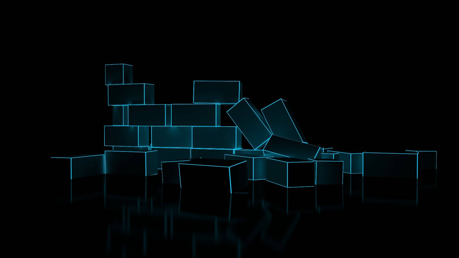 cyan rectangular boxes, black surface, reflective black surface, Full HD Desktop Wallpaper