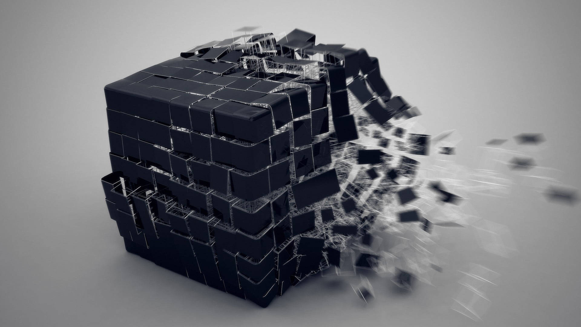 black cube, shards, white wireframe edges, Full HD Desktop Wallpaper