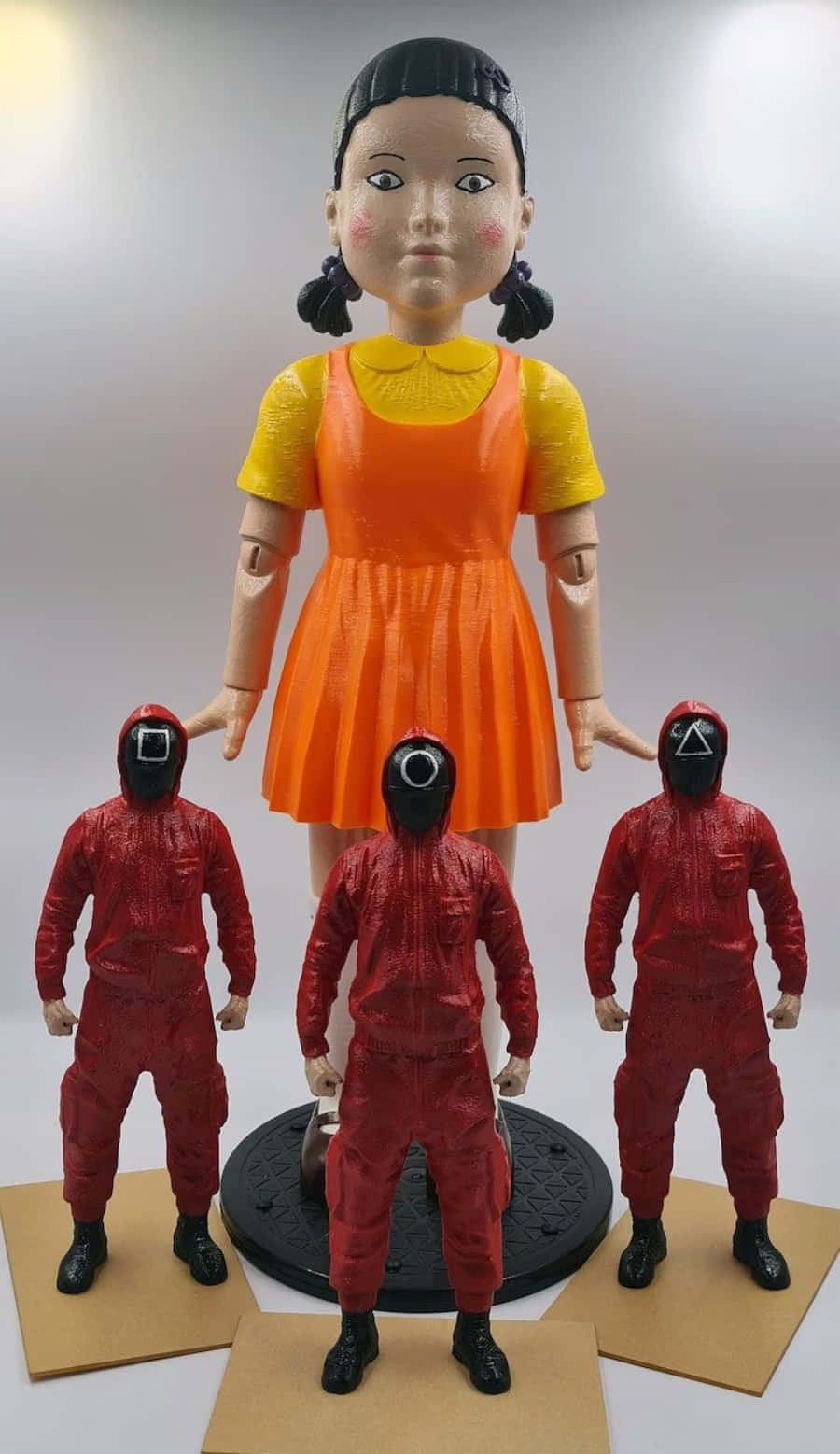 Squid Game Doll, red jumpsuits, masked faces, HD Phone Wallpaper