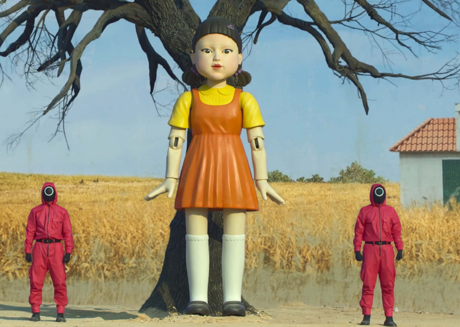 Squid Game Doll, orange dress, red hazmat suits, HD Desktop Wallpaper