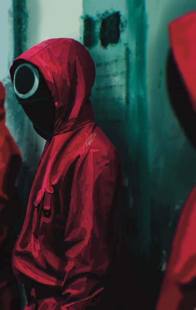 Squid Game, red hooded suit, glowing eye, SD Phone Wallpaper