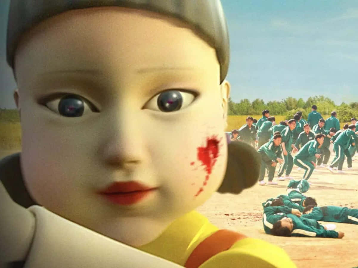 Squid Game Doll, bloody face, bloodstain on its cheek, SD Desktop Wallpaper