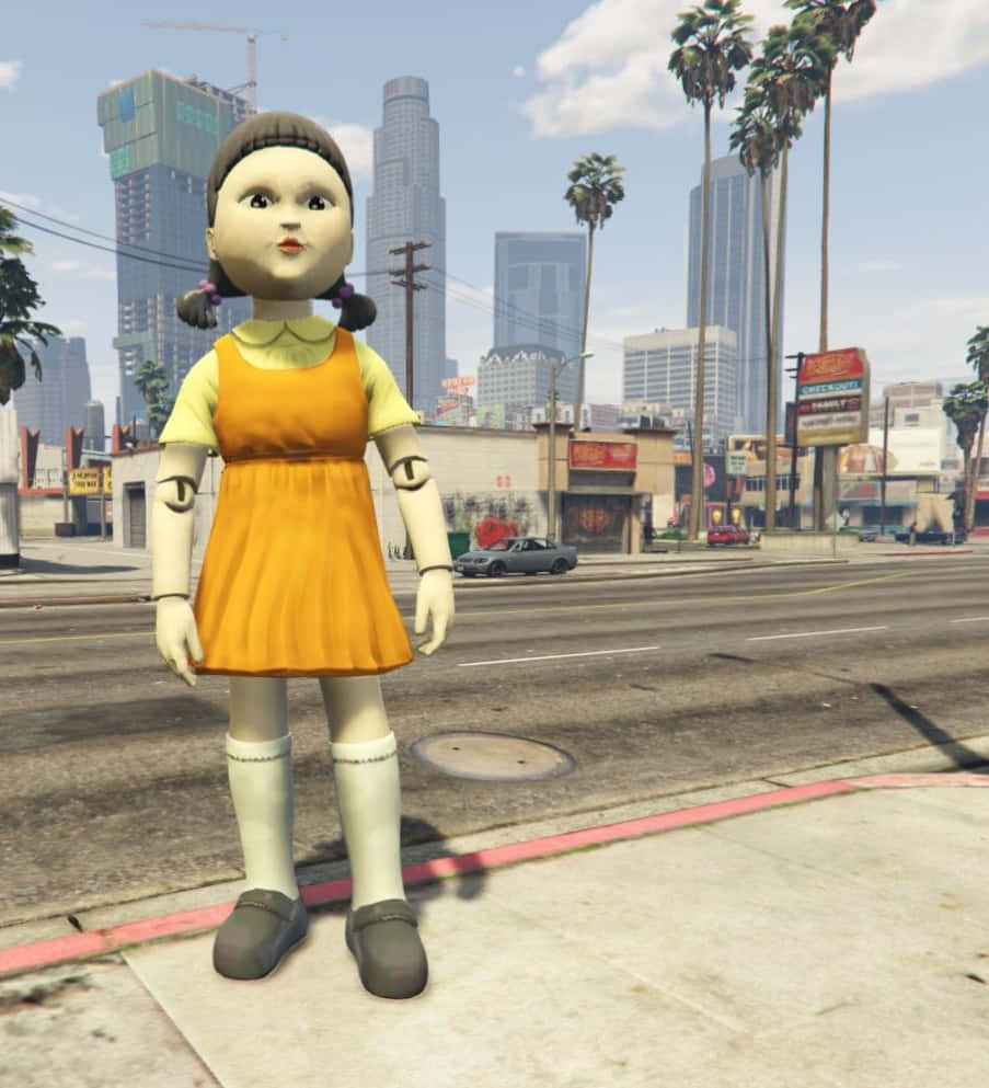Squid Game Doll, orange dress, city sidewalk, SD Phone Wallpaper