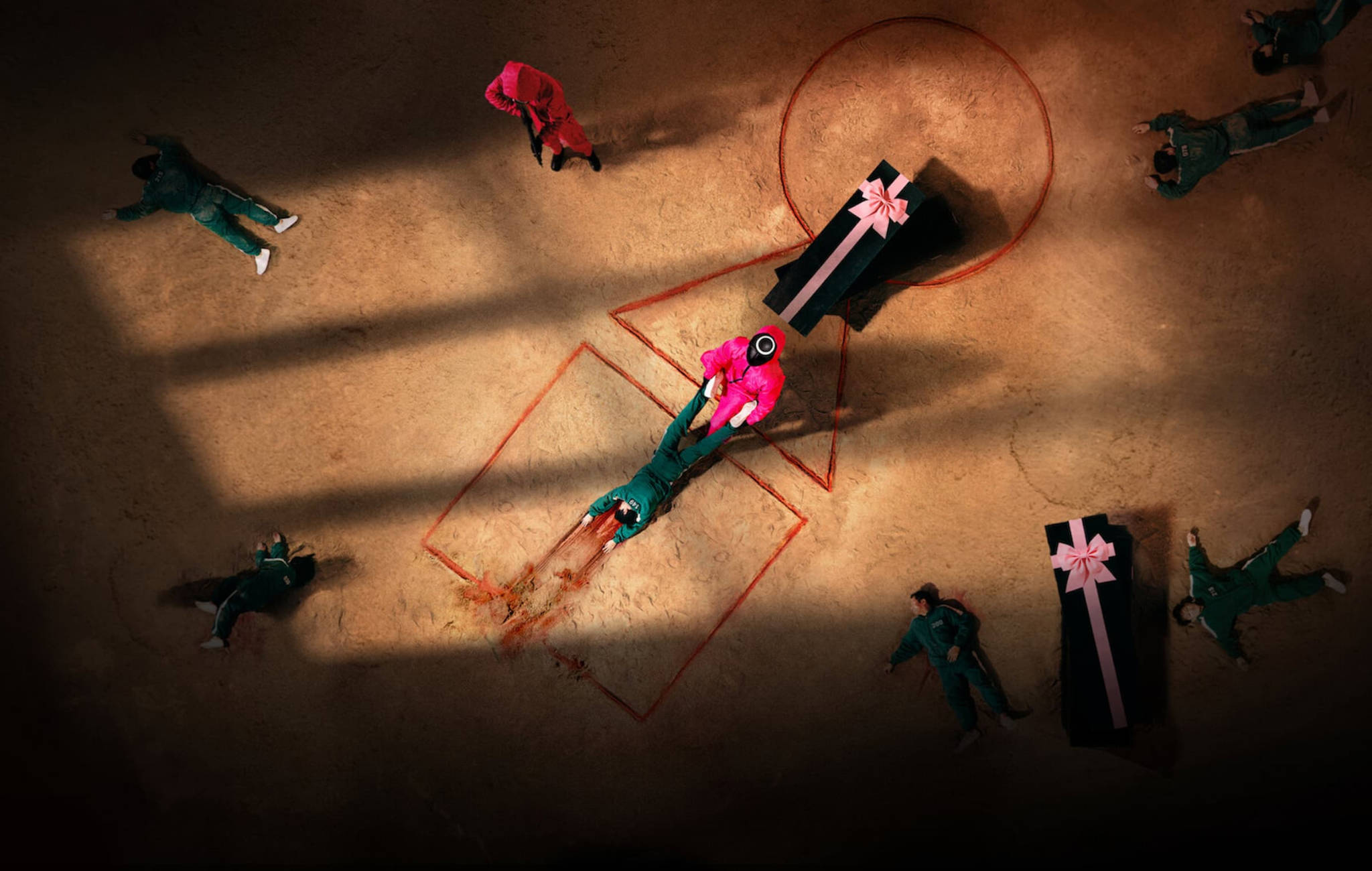 Squid Game Guard, pink suit, black coffin, Full HD Desktop Wallpaper