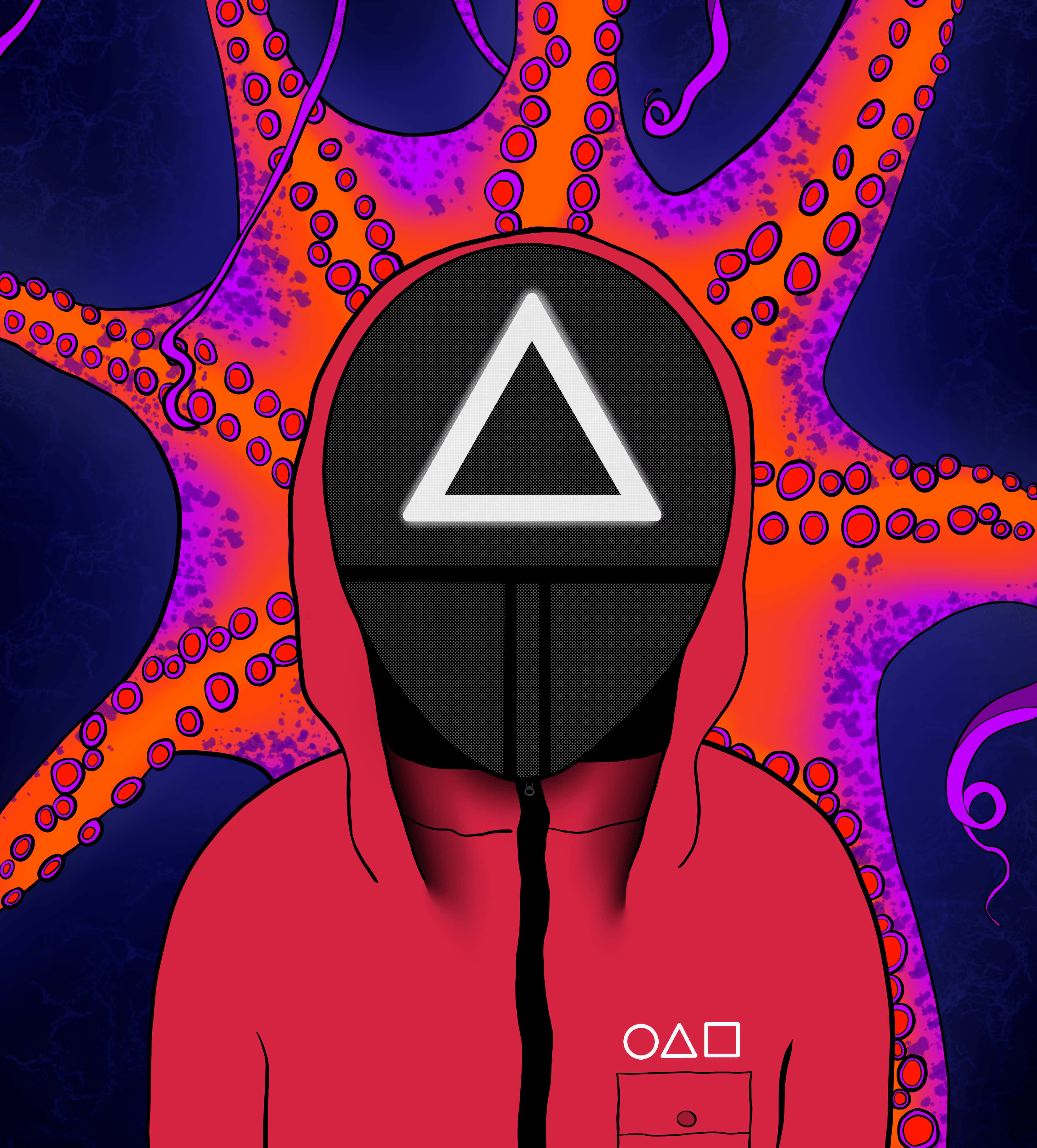 Squid Game, red hoodie, glowing white triangle mask, 4K Phone Wallpaper