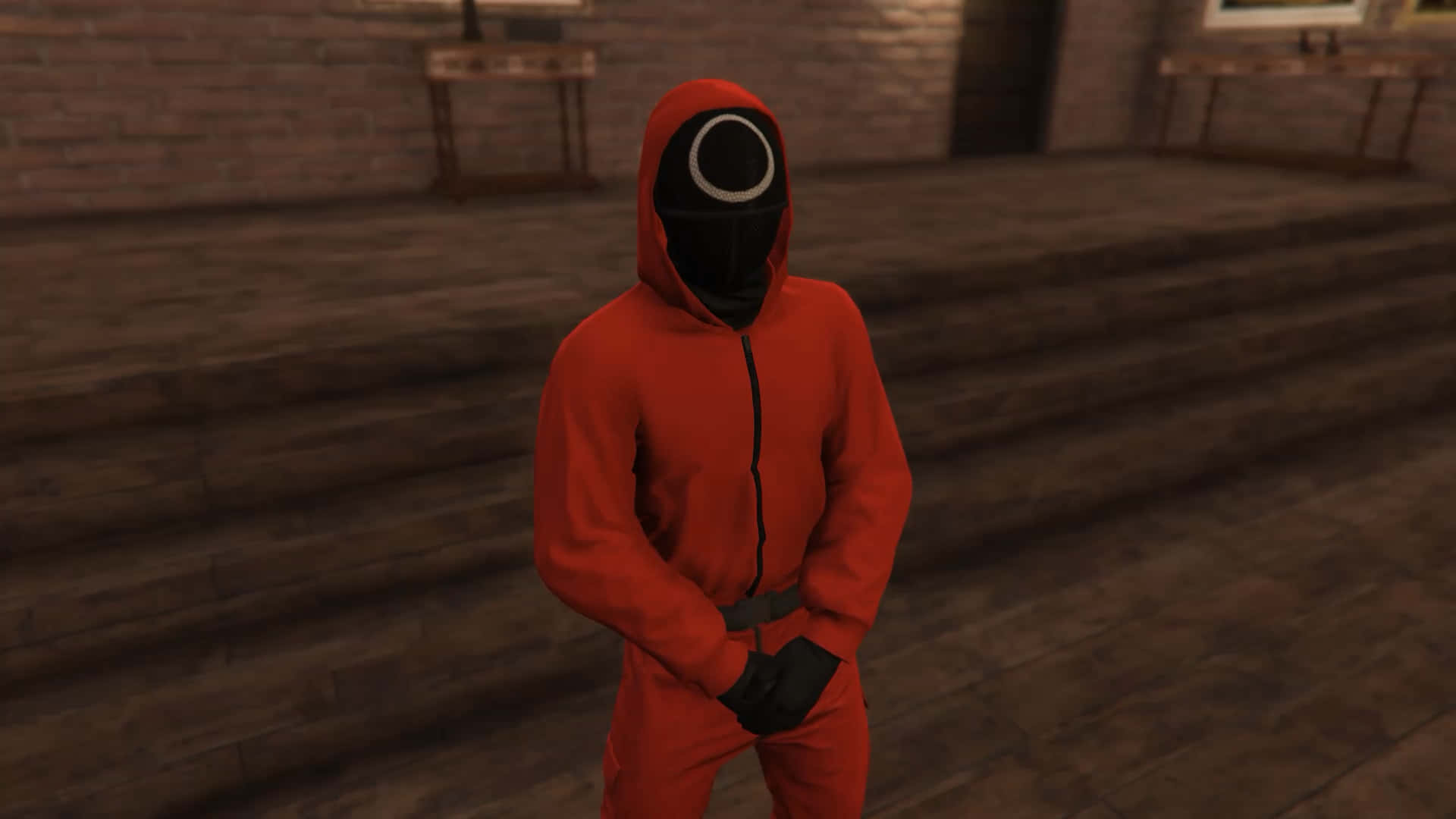Squid Game, red jumpsuit, black mask, Full HD Desktop Wallpaper