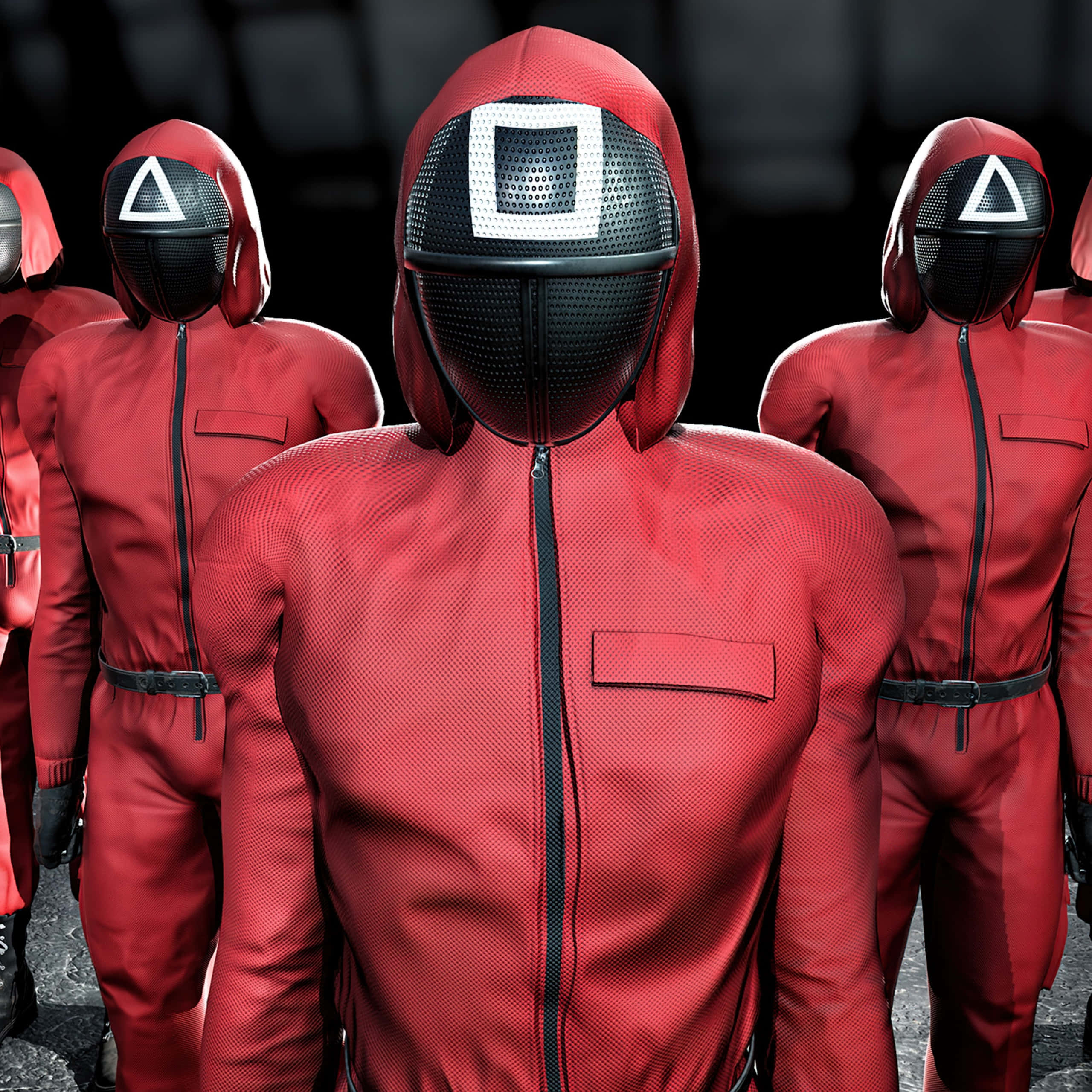 Squid Game Guard, red hooded jumpsuits, black mesh masks, 2K Desktop Wallpaper