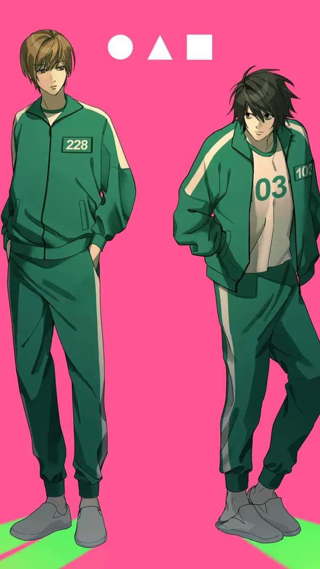 Squid Game, green numbered tracksuits, bright pink background, Full HD Phone Wallpaper