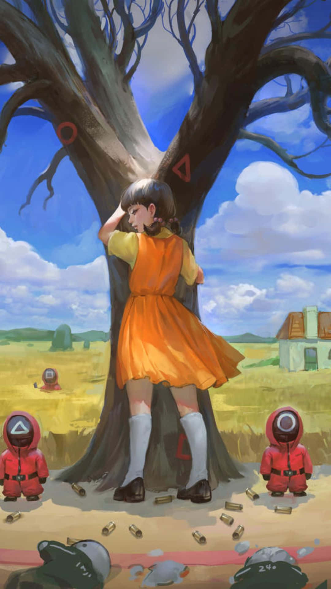 Squid Game, orange dress, red-suited figures, Full HD Phone Wallpaper