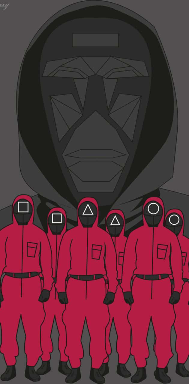 Squid Game, red-suited figures, geometric masked faces, HD Phone Wallpaper