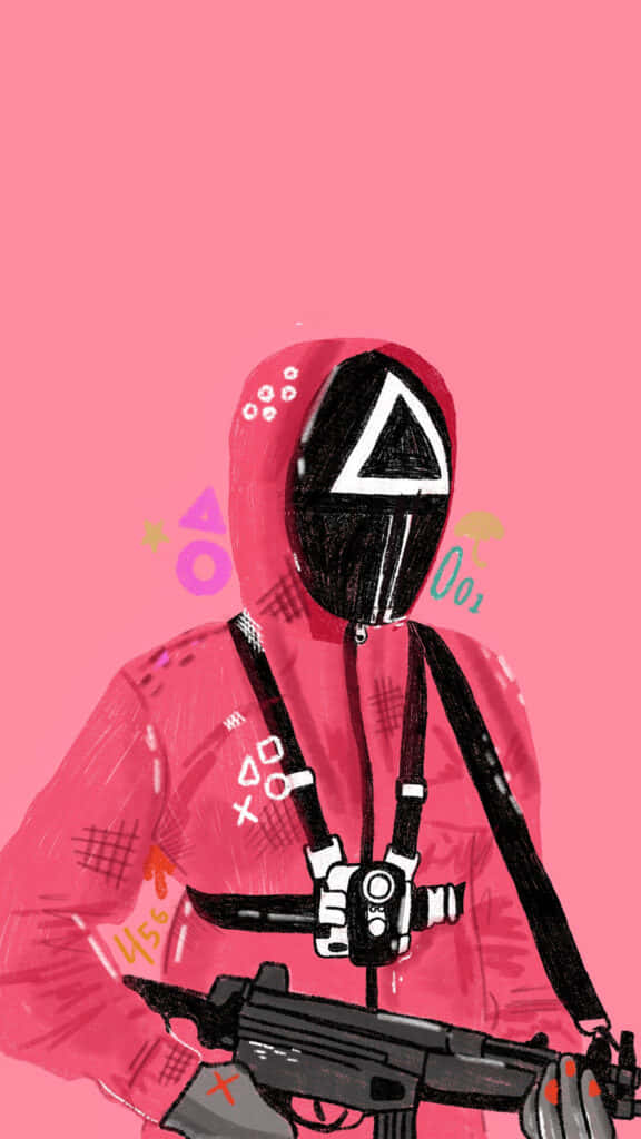 Squid Game PFP, pink hooded figure, black mask, SD Phone Wallpaper