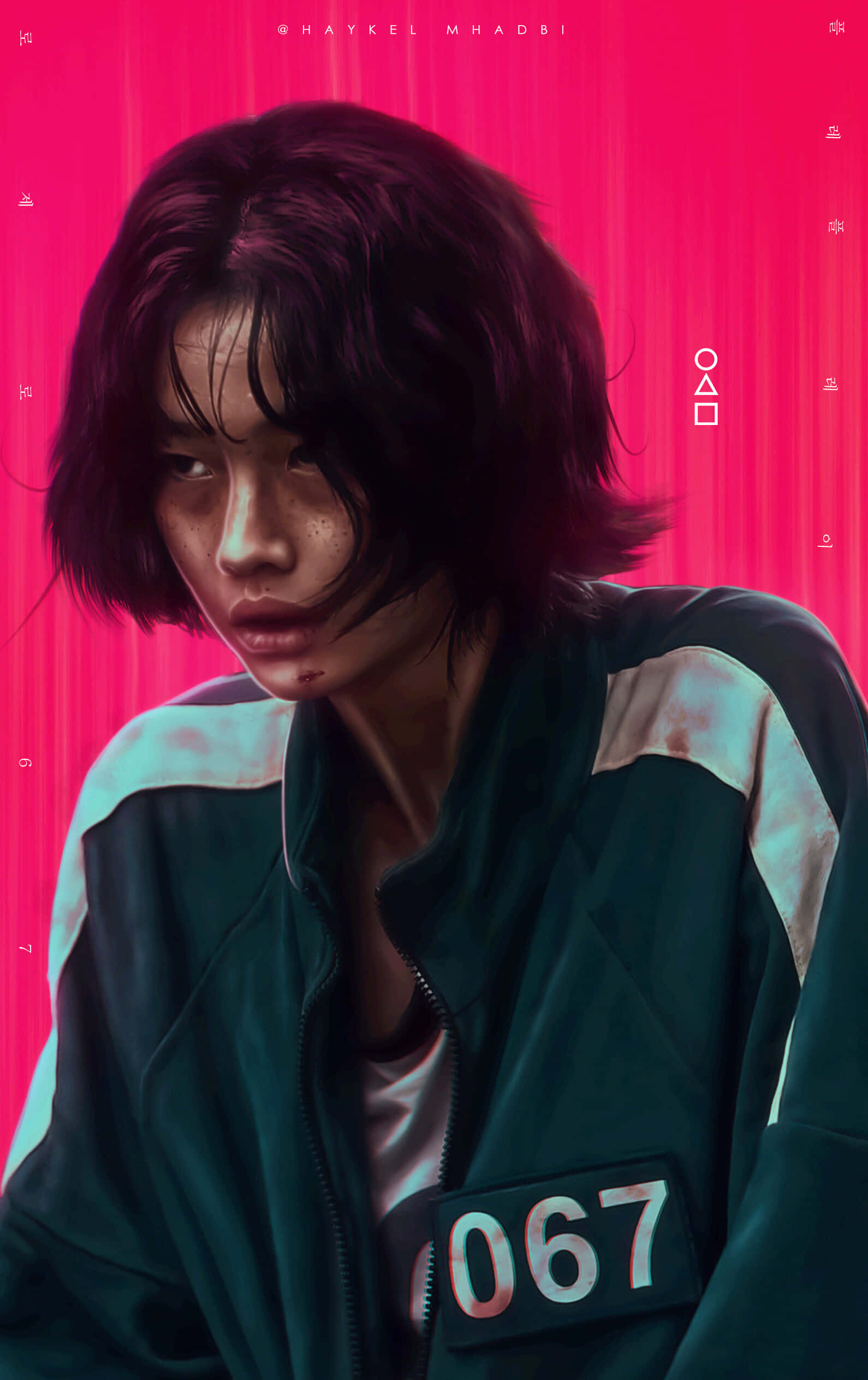 067, pink squid game pfp, green and white jacket, Full HD Phone Wallpaper