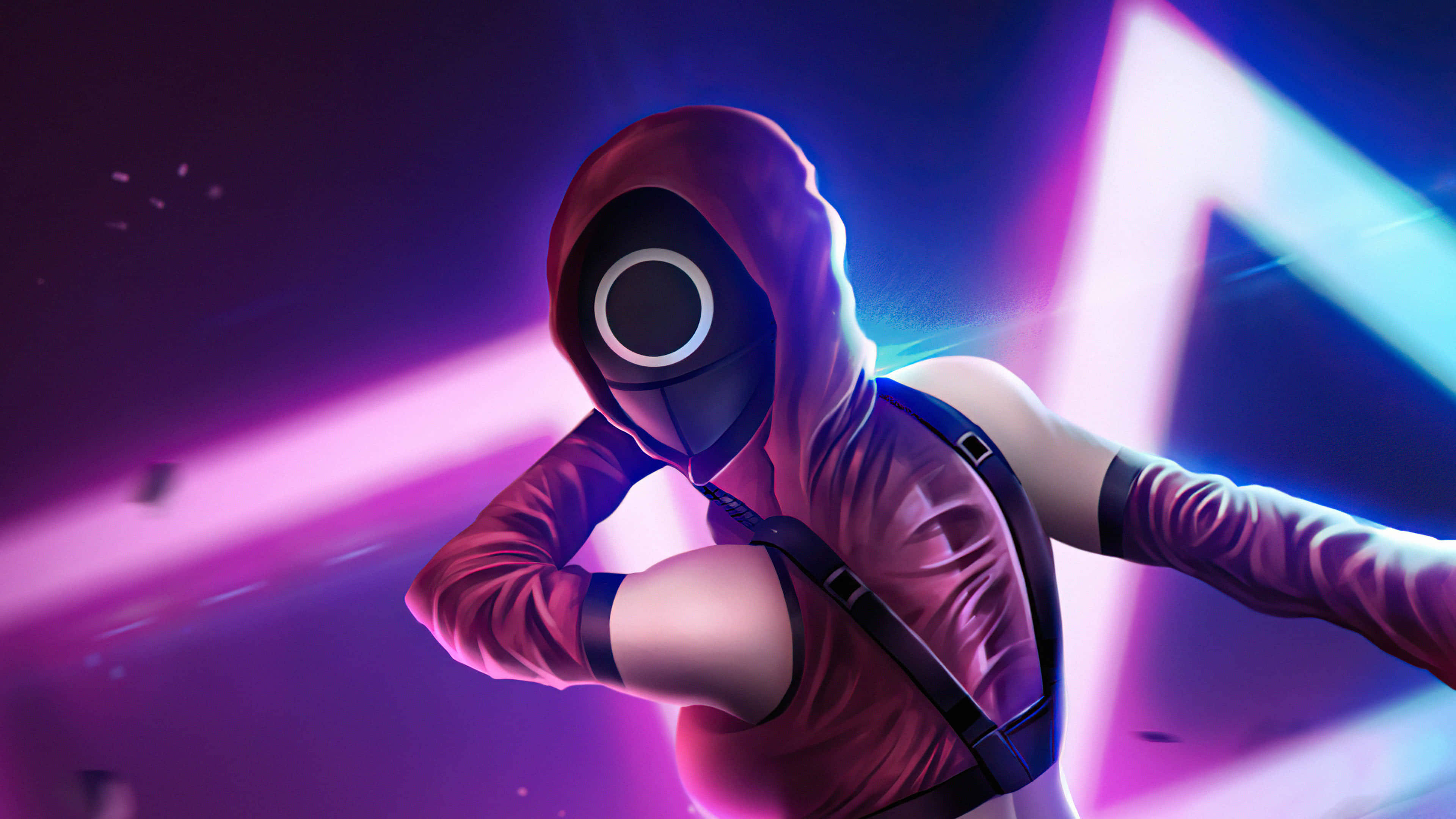 Neon Squid Game PFP, red hoodie, glowing neon purple, 4K Desktop Wallpaper