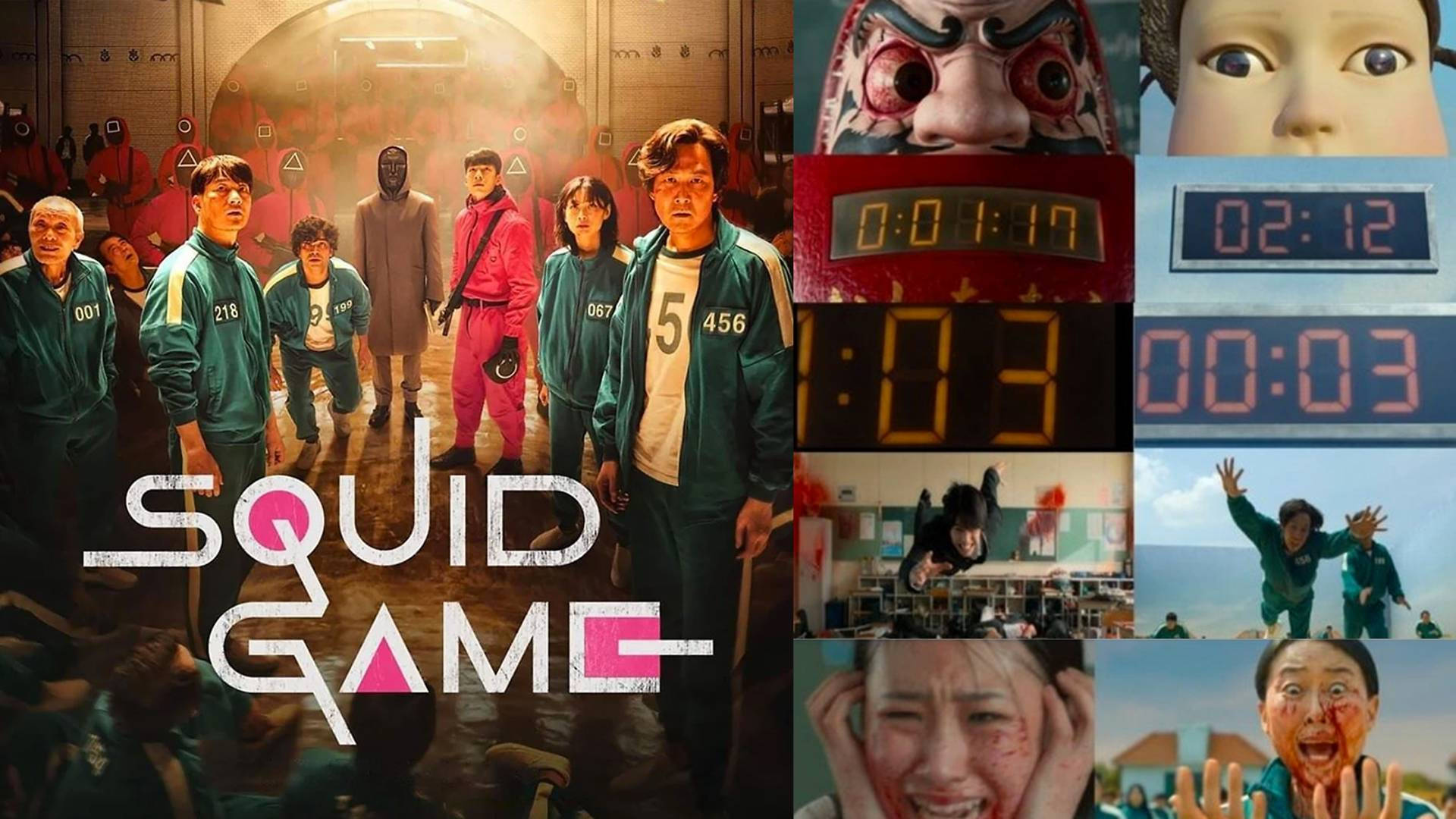 Squid Game, green tracksuits, masked figures, Full HD Desktop Wallpaper