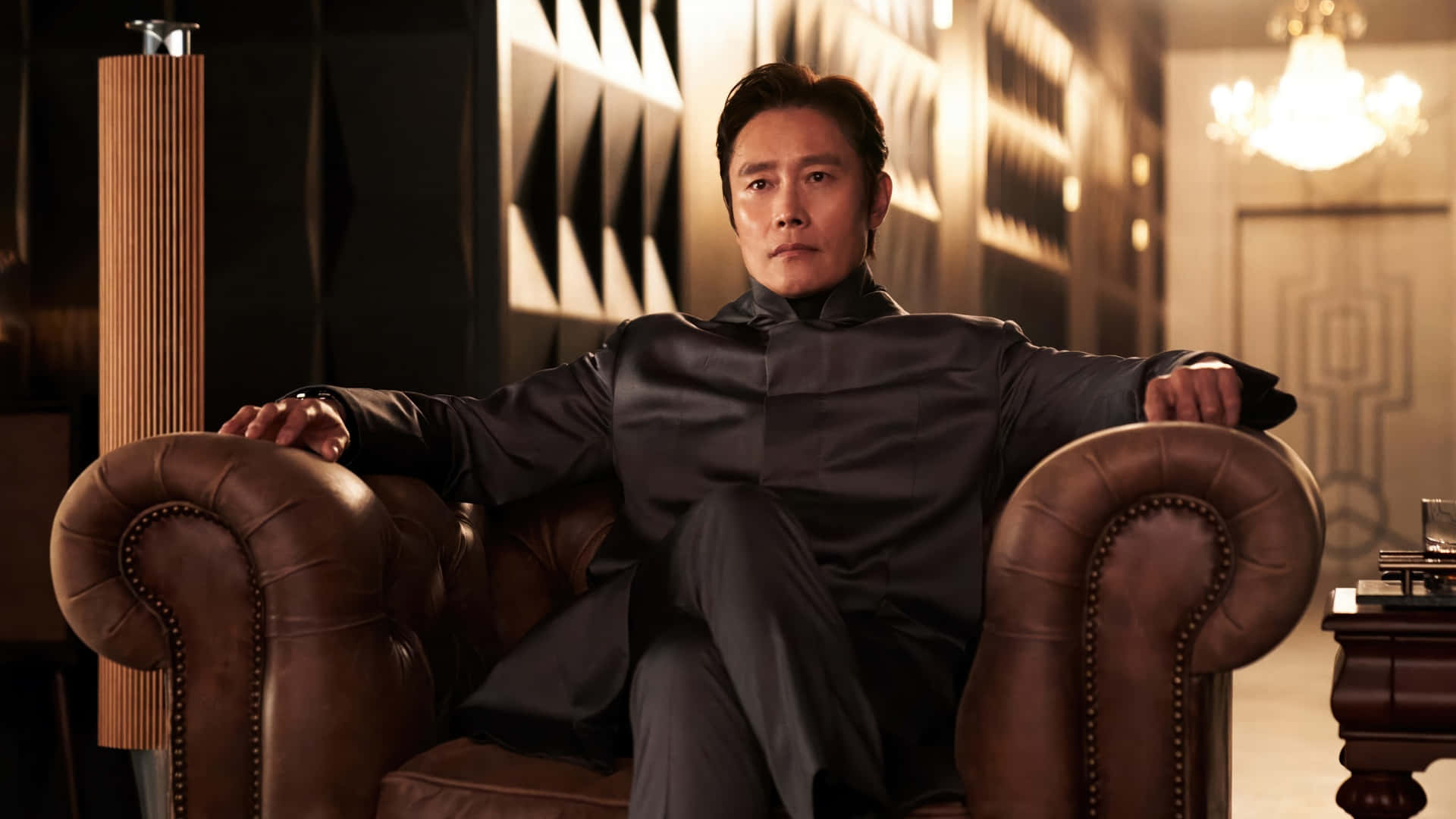 Squid Game Season 2, dark suit, brown leather armchair, Full HD Desktop Wallpaper