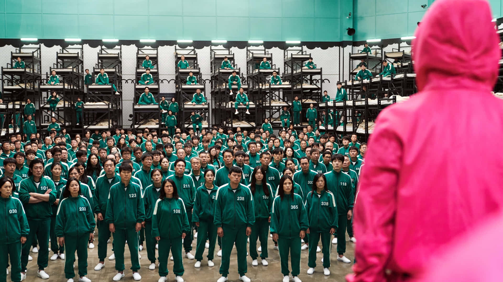 Squid Game Season 2, bright pink hooded jacket, green numbered tracksuits, Full HD Desktop Wallpaper