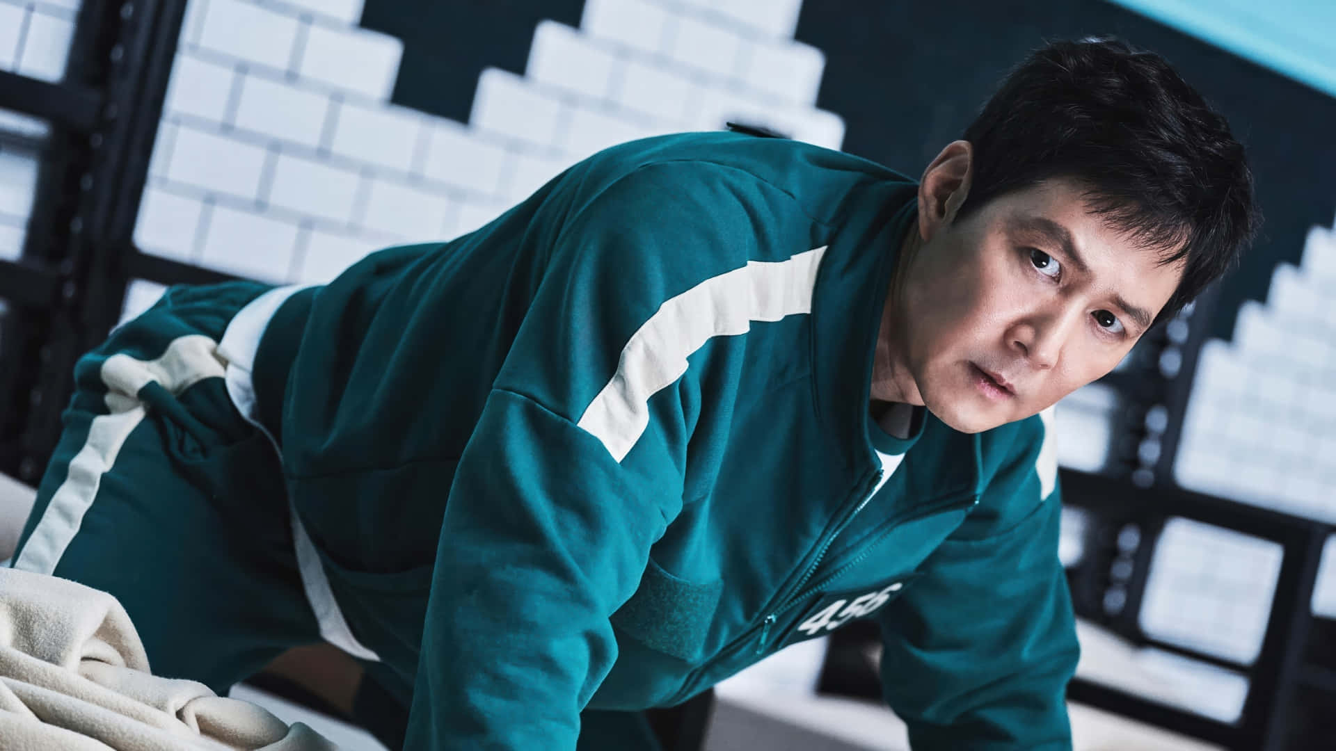 Squid Game Season 2, teal tracksuit, white stripes, Full HD Desktop Wallpaper