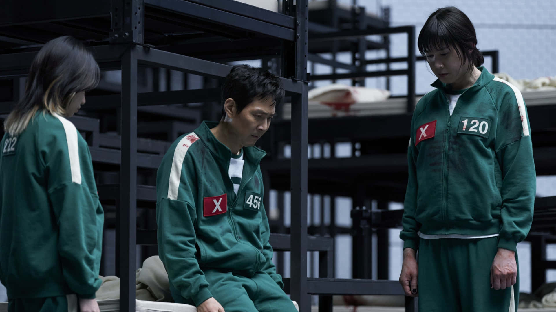 Squid Game Season 2, green numbered tracksuits, stark metal bunk room, Full HD Desktop Wallpaper