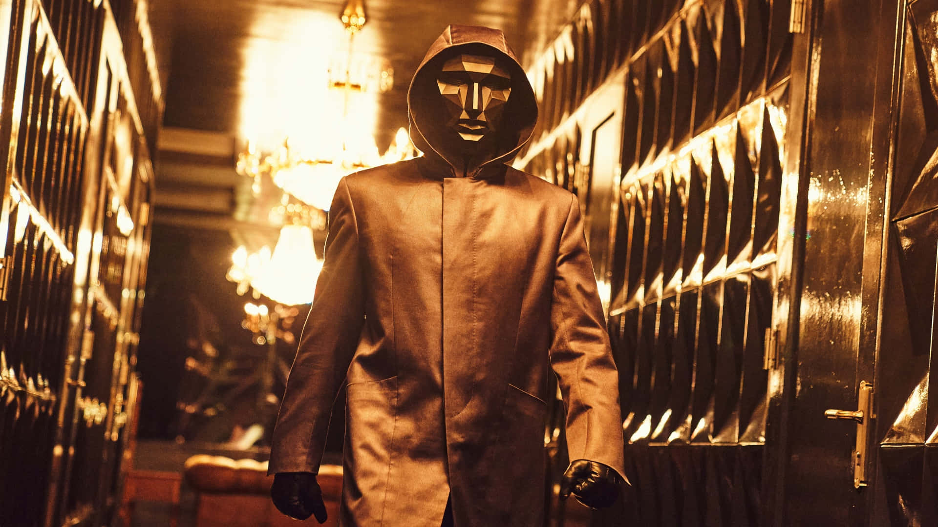 Squid Game Season 2, brown leather hooded coat, geometric mask, Full HD Desktop Wallpaper