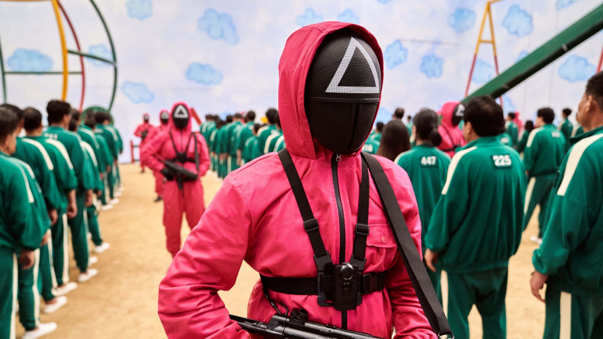 Squid Game Season 2, bright pink hooded suit, black mask, Full HD Desktop Wallpaper