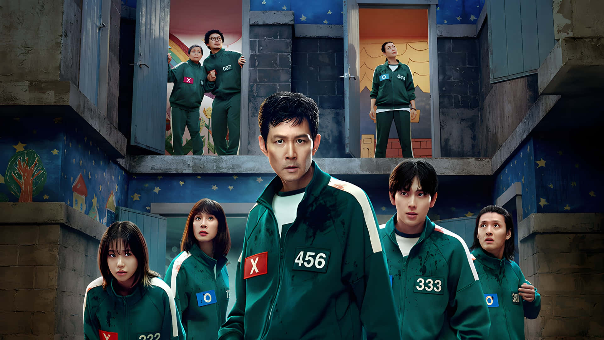 Squid Game Season 2, green numbered tracksuits, dilapidated building, Full HD Desktop Wallpaper