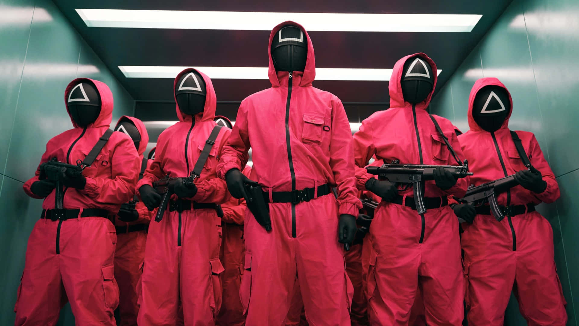 Squid Game Season 2, bright pink hooded jumpsuits, black masks with white triangles, Full HD Desktop Wallpaper