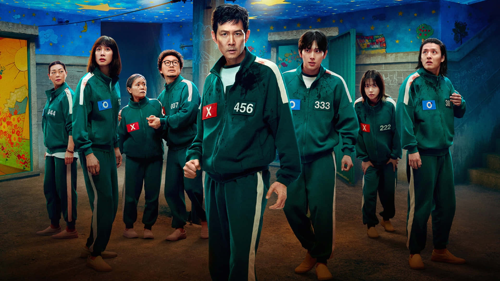 Squid Game Season 2, green numbered tracksuits, surreal blue room, Full HD Desktop Wallpaper