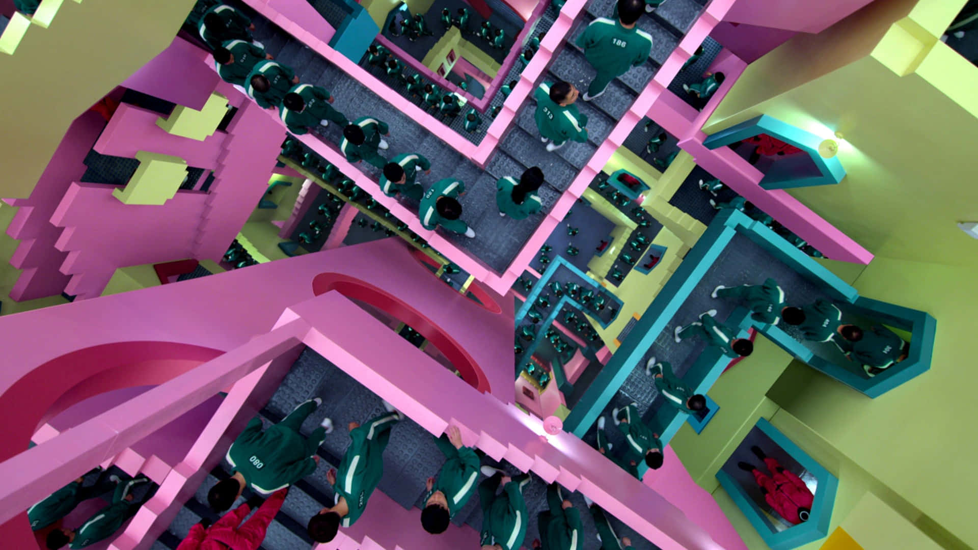 Squid Game Season 2, green uniforms, pink teal and yellow geometric platforms, Full HD Desktop Wallpaper