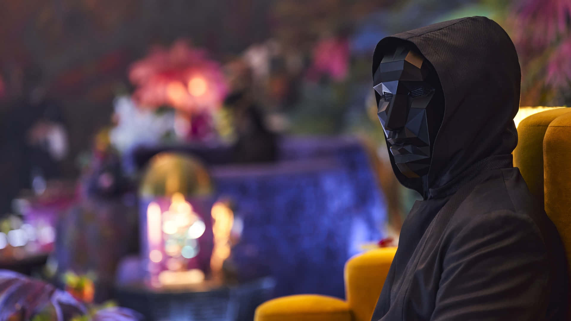 Squid Game Season 2, black hooded robe, geometric mask, Full HD Desktop Wallpaper