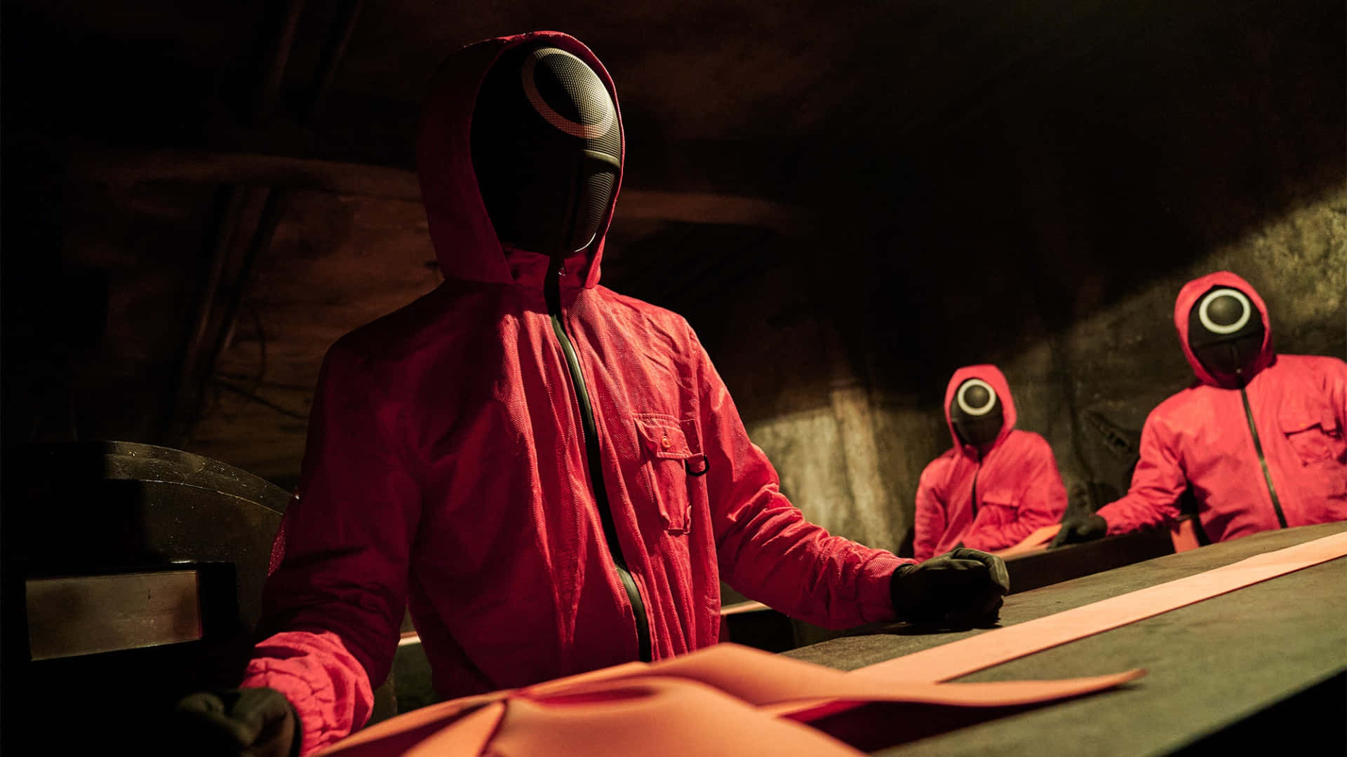 Squid Game Season 2, red hooded jumpsuits, white eye masks, Full HD Desktop Wallpaper