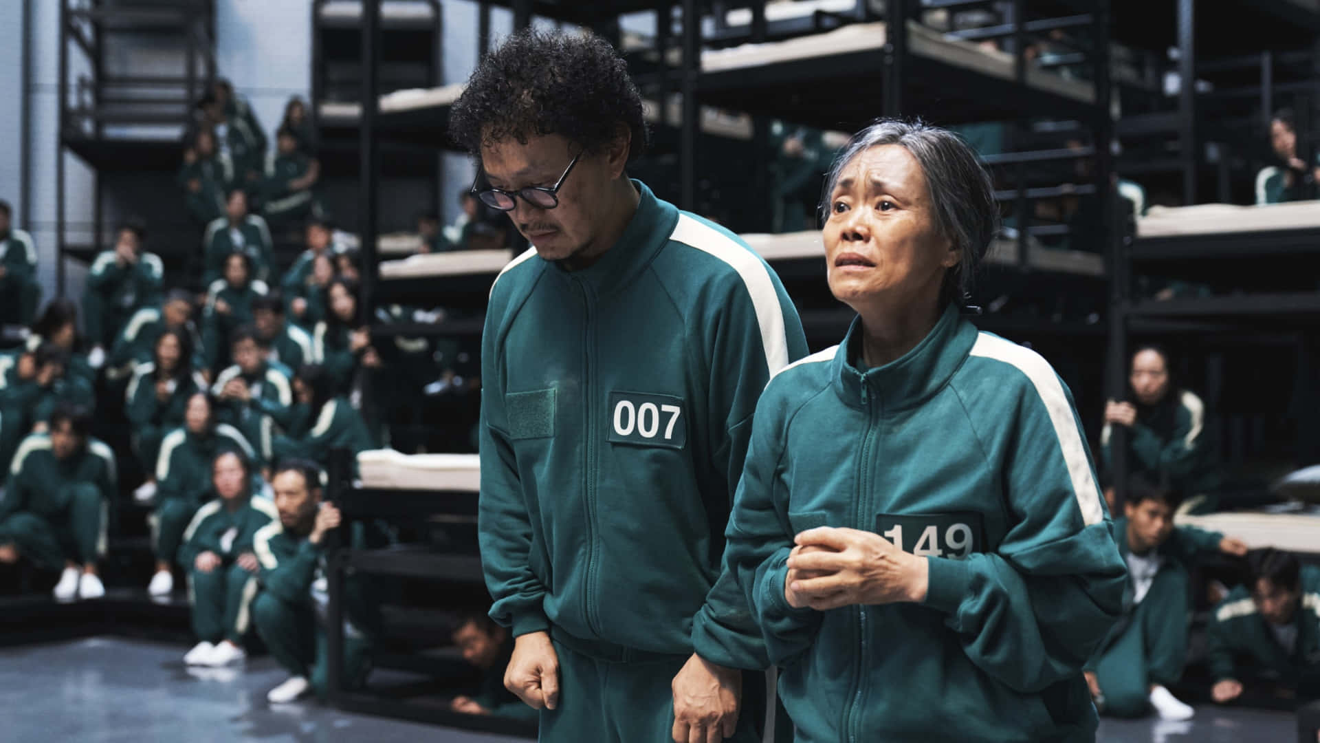 Squid Game Season 2, green numbered tracksuits, stark arena, Full HD Desktop Wallpaper