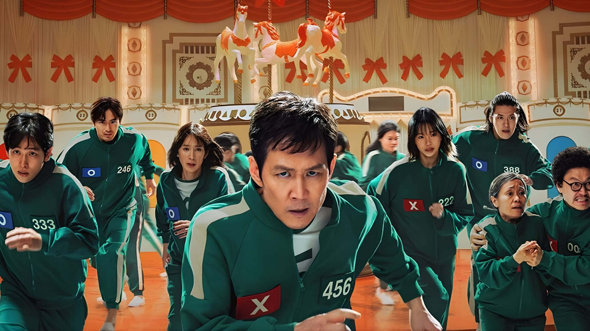 Squid Game Season 3, green numbered tracksuits, circus-themed hall, Full HD Desktop Wallpaper