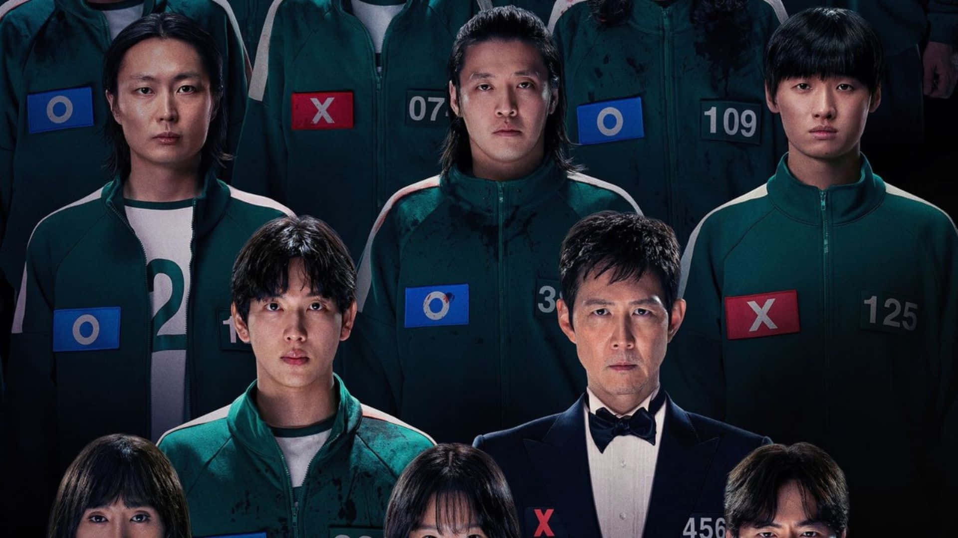 Squid Game Season 3, green numbered jackets, red and blue X O patches, Full HD Desktop Wallpaper