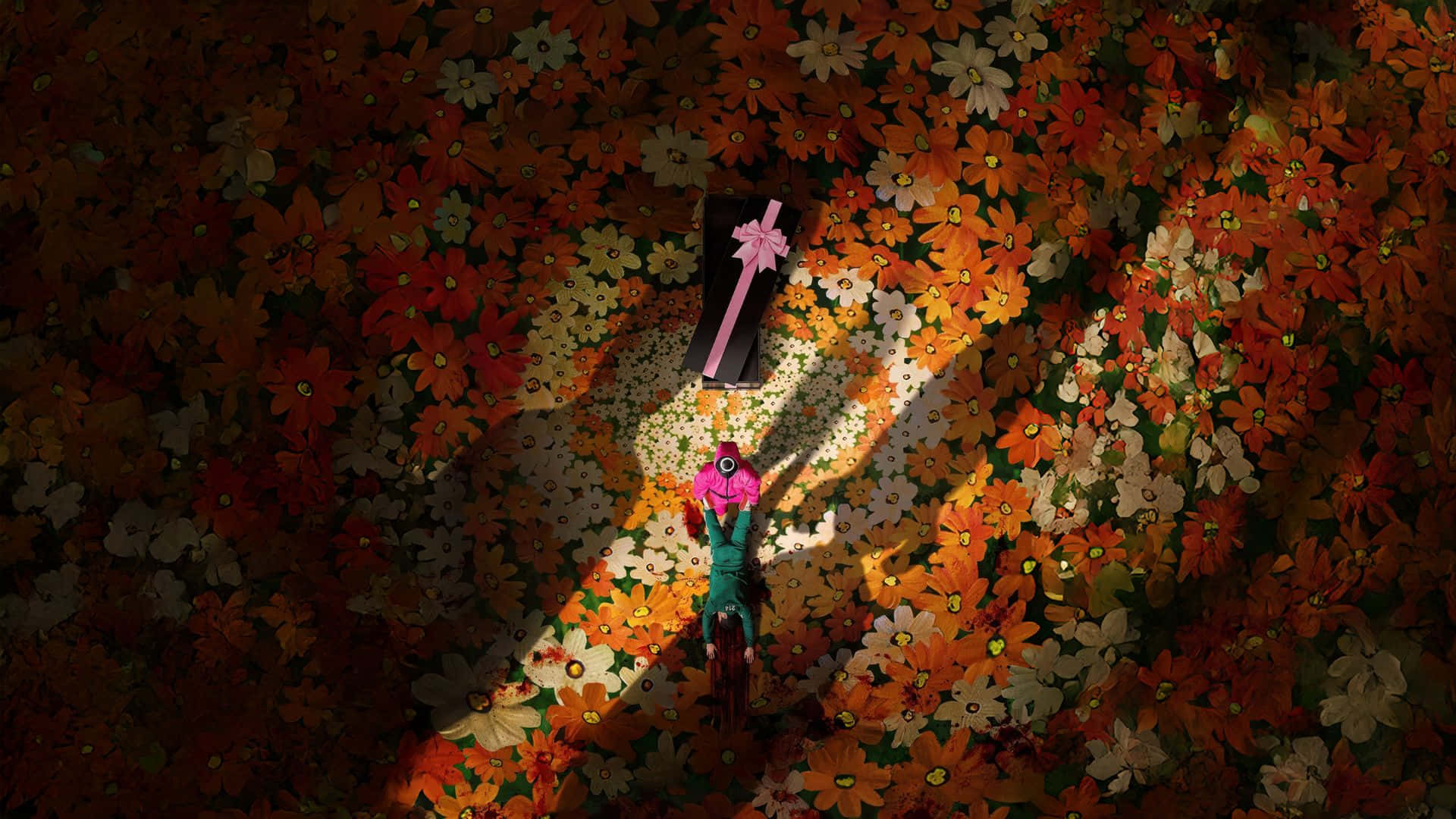 Squid Game Season 3, pink and teal, orange white and brown flowers, Full HD Desktop Wallpaper