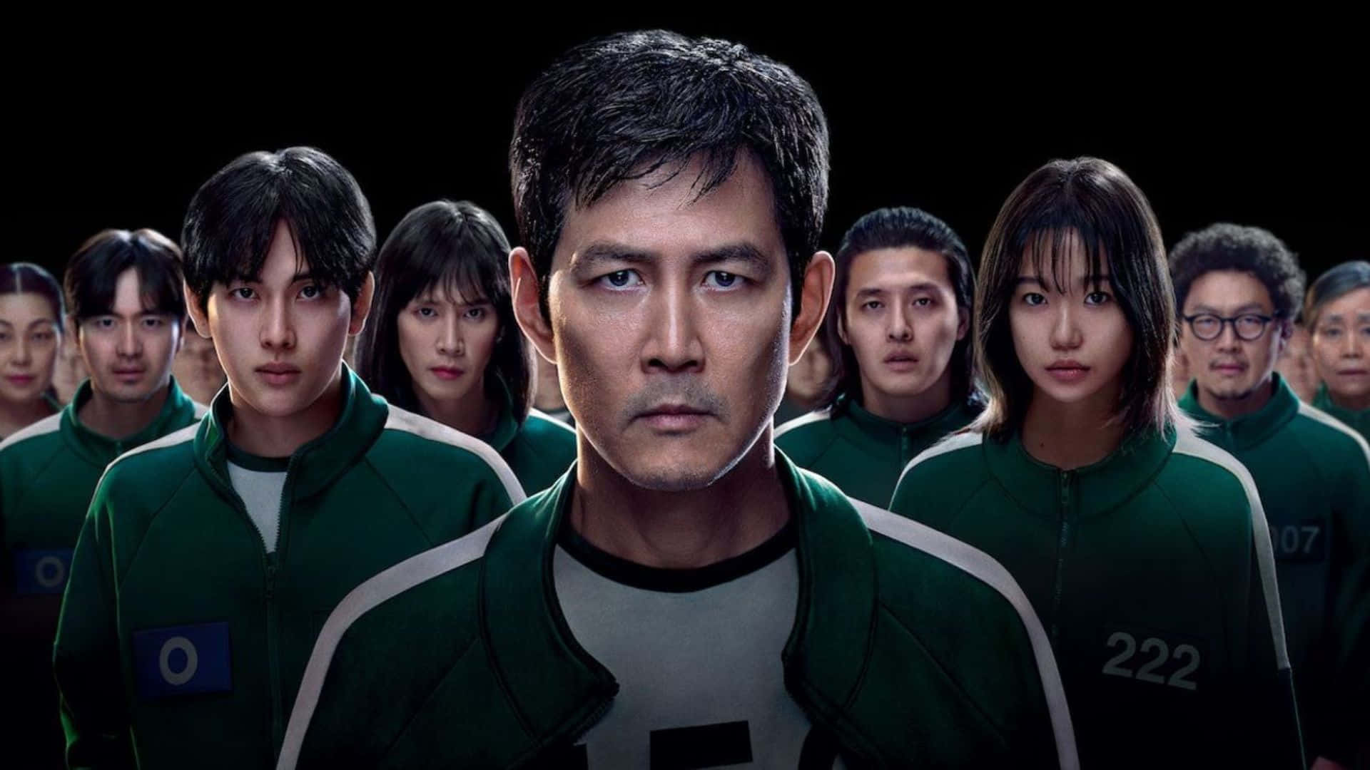 Squid Game Season 3, green numbered tracksuits, black background, Full HD Desktop Wallpaper