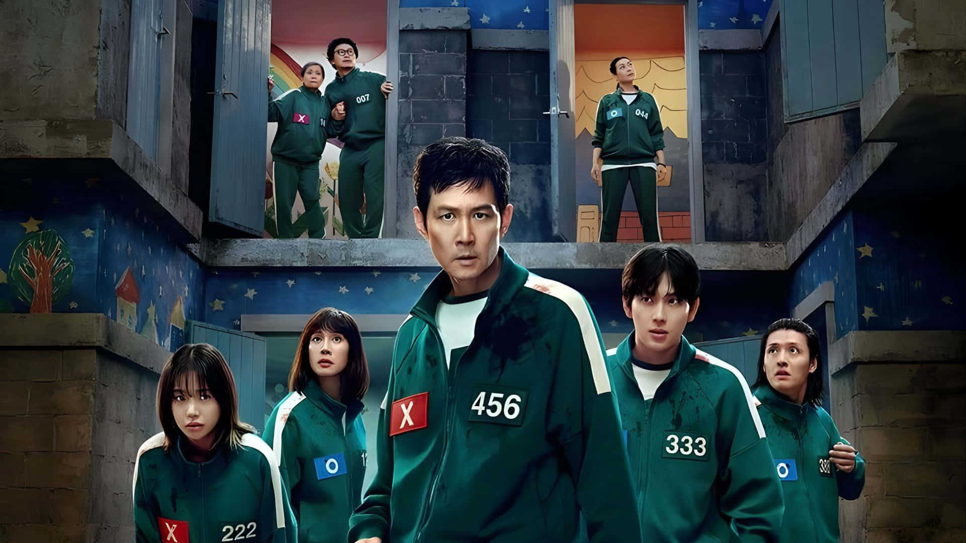 Squid Game Season 3, green numbered tracksuits, dilapidated building, Full HD Desktop Wallpaper