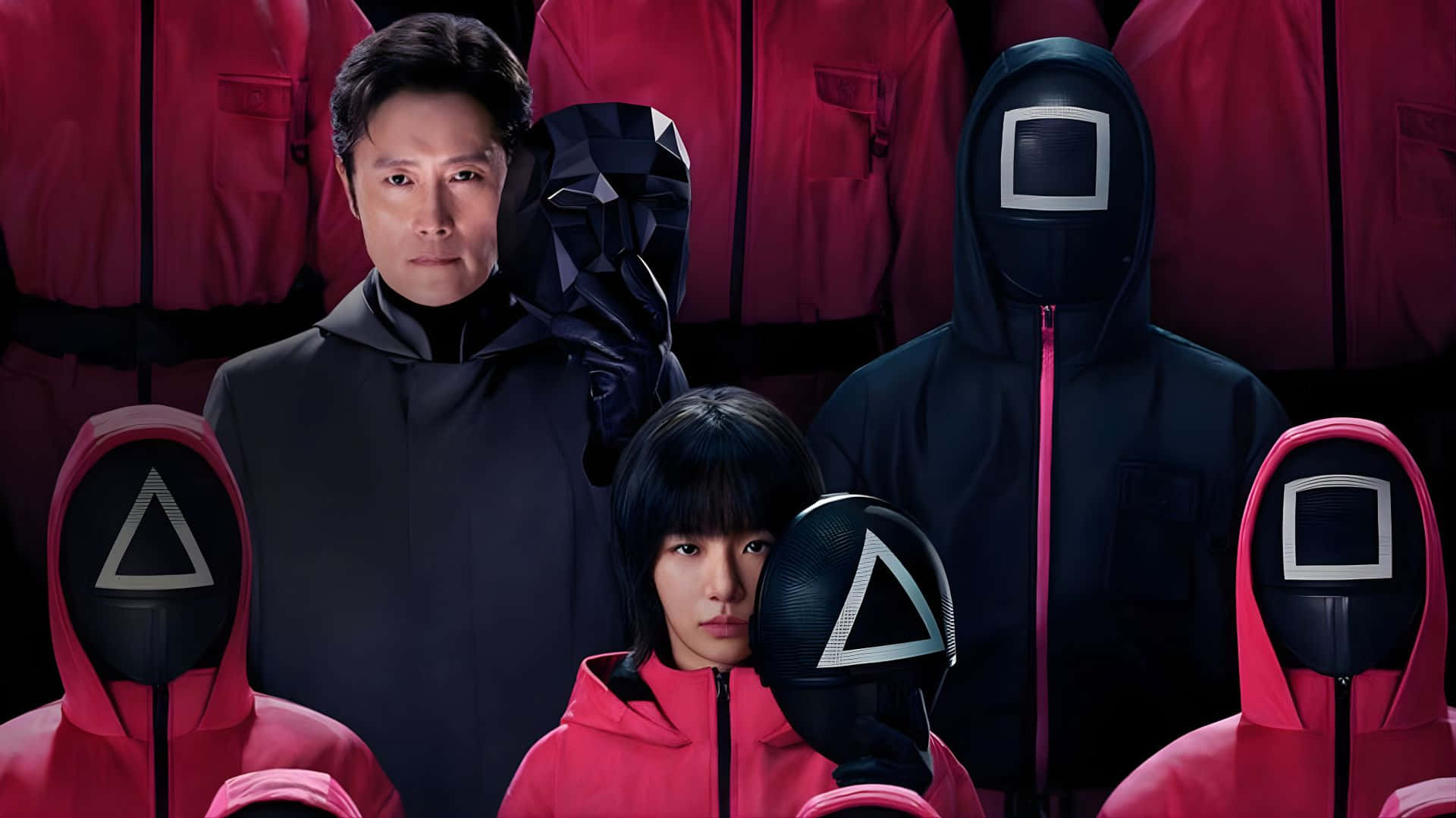 Squid Game Season 3, red and black hooded jumpsuits, geometric masks, Full HD Desktop Wallpaper
