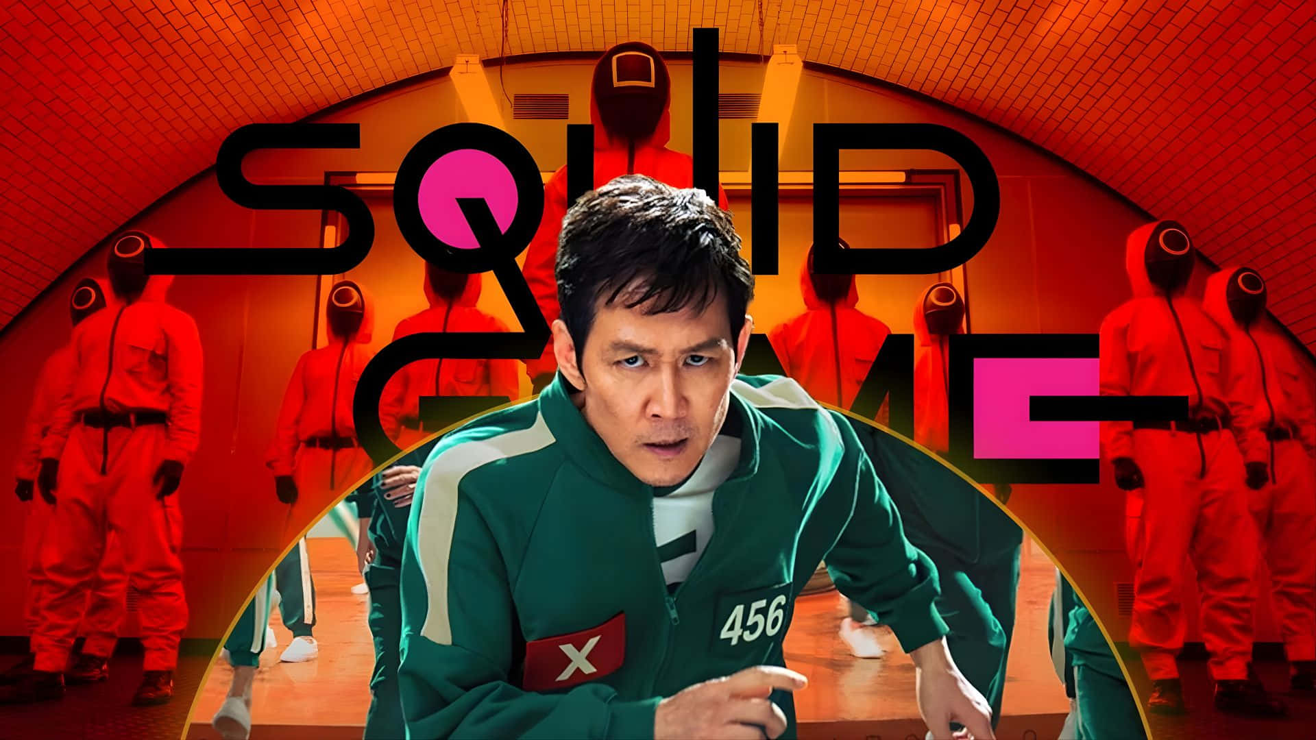 Squid Game Season 3, green numbered tracksuit, red-lit tunnel, Full HD Desktop Wallpaper