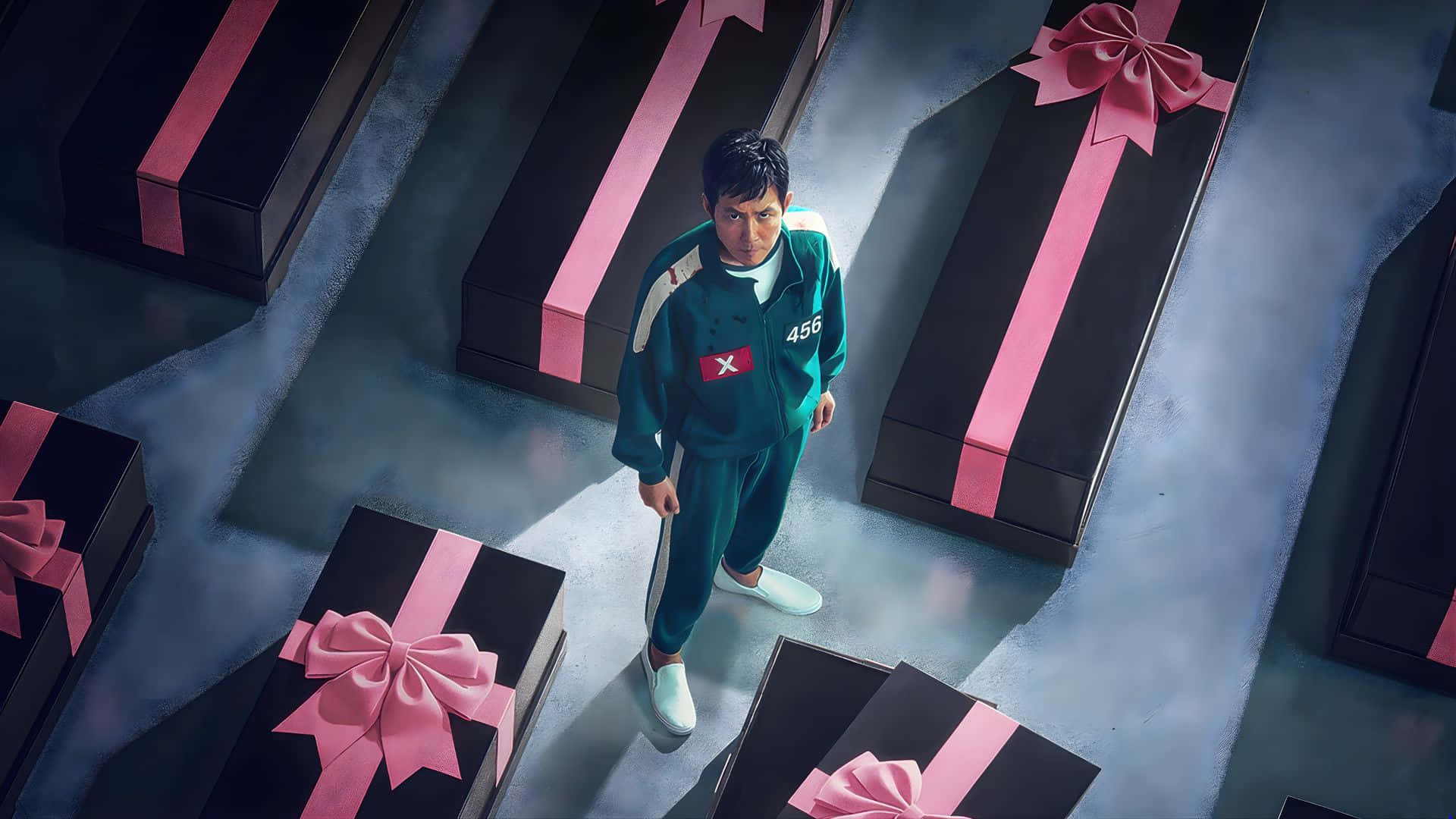 Squid Game Season 3, green numbered tracksuit, dimly lit room, Full HD Desktop Wallpaper