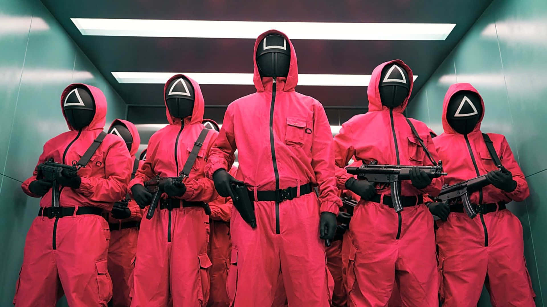 Squid Game Season 3, red jumpsuits, black triangular masks, Full HD Desktop Wallpaper