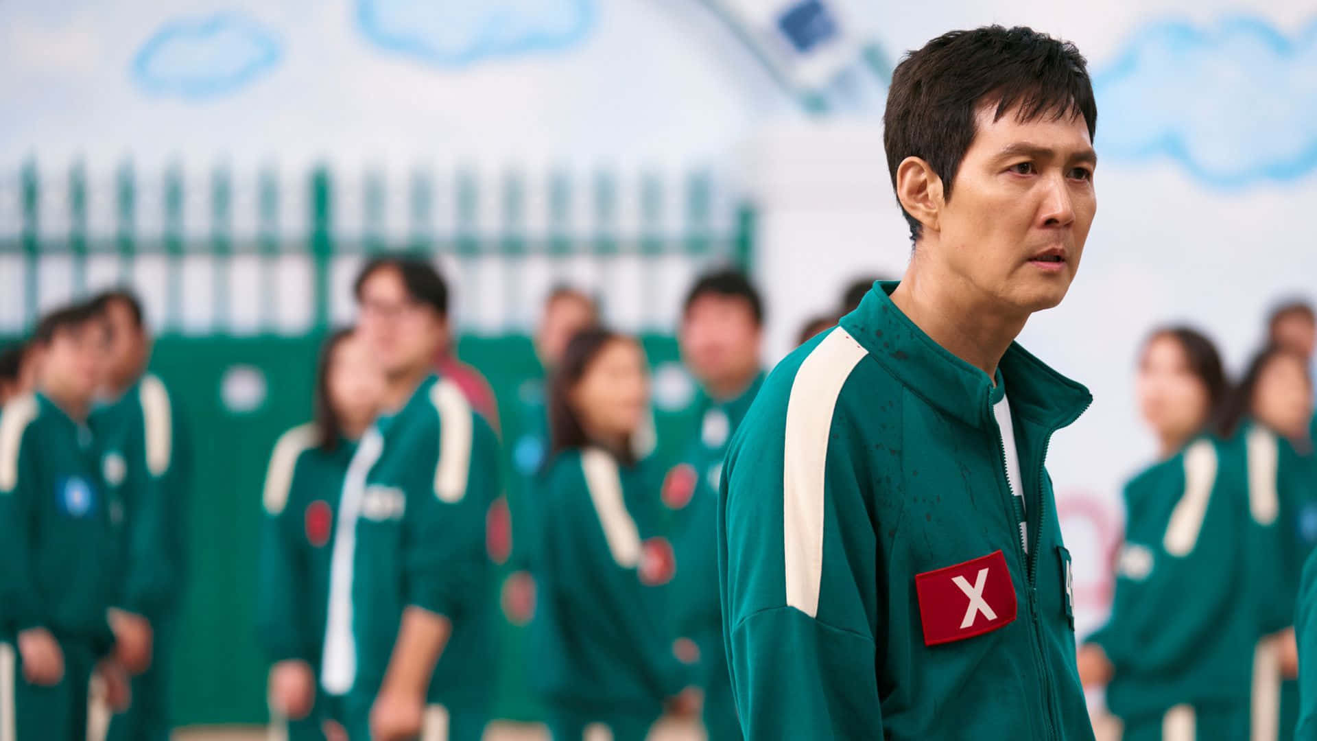 Squid Game Season 3, green tracksuit, red X patch, Full HD Desktop Wallpaper