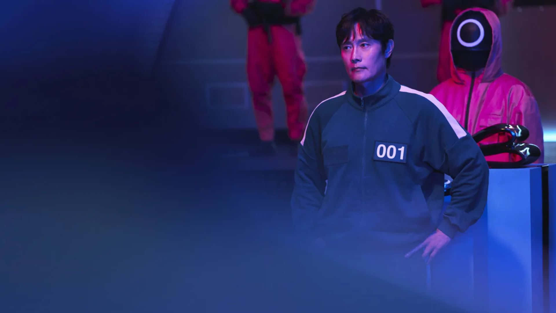 Squid Game Season 3, dark blue numbered tracksuit, red-suited figures, Full HD Desktop Wallpaper