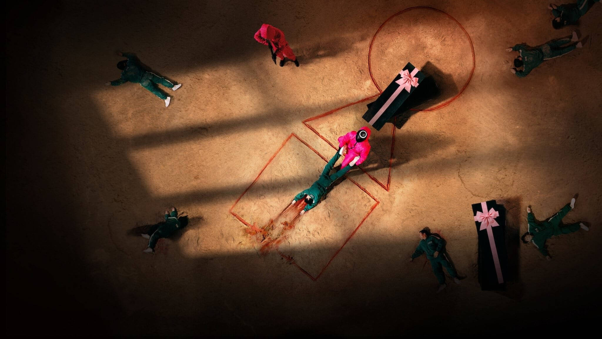 Squid Game, colorful hazmat suits, coffin, Full HD Desktop Wallpaper