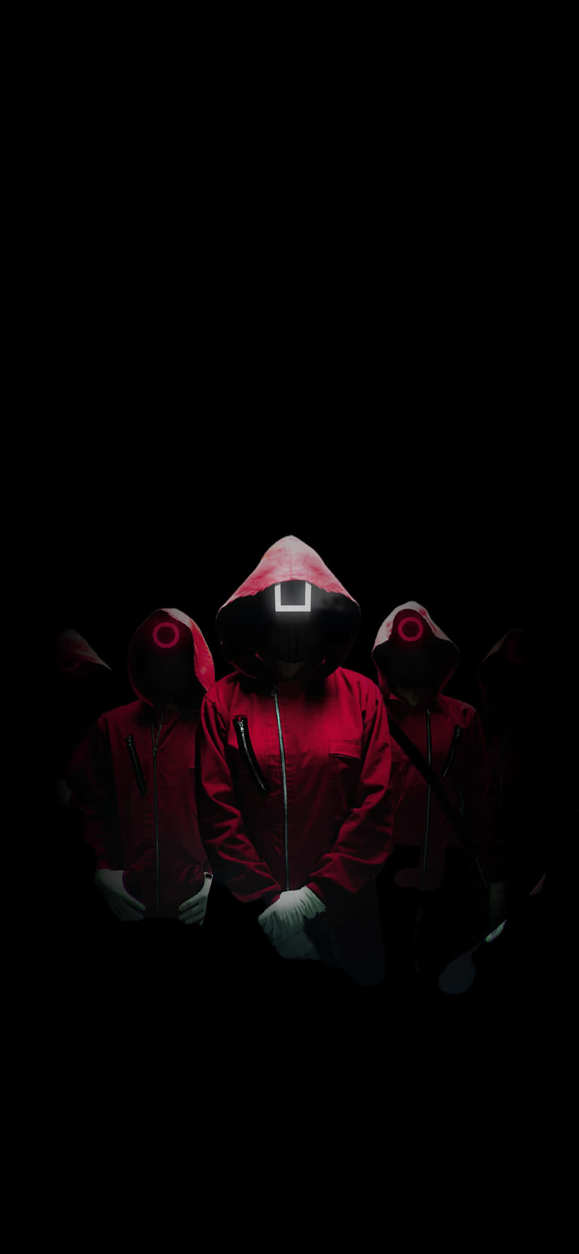 Squid Game, red hooded jackets, glowing white square masks, Full HD Phone Wallpaper